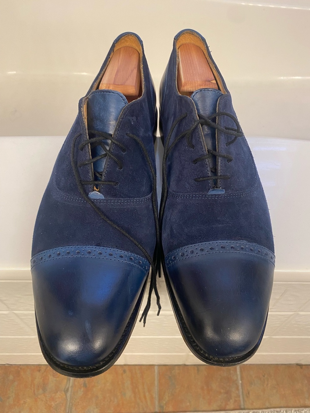 Paul Fredrick Navy Blue Cap-Toe Suede & Leather Oxfords